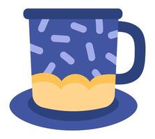 Blue decorated mug featuring yellow accents and a matching handle, resting gracefully on a saucer, set against a clean white background, perfect for enjoying warm beverages vector