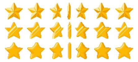 Pixel art golden star animation. Pixelated shiny stars rotation, 8bit retro game gold award in various five pointed star shapes. Animated spin of rating icons set vector