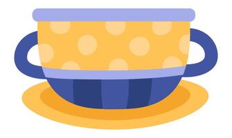 Bright yellow teacup adorned with large polka dots and cheerful blue handles resting on a matching saucer, eagerly awaiting a delicious hot beverage to bring warmth and comfort vector