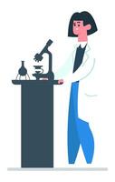 Smiling female scientist wearing a lab coat, working with a microscope in a laboratory, conducting scientific research alongside various glassware and equipment vector
