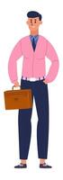 Happy office worker standing confidently with hand in pocket and briefcase, wearing a pink shirt and blue trousers, smiling in a full length portrait against a white background vector