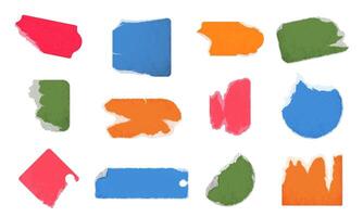 Paper price stickers. Retro labels with torn worn out edges, colorful old ripped product tags in various shapes and realistic textured adhesive paper badges for scrapbooking set vector