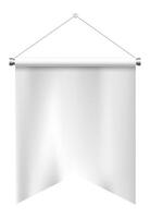 White pennant hanging on a wall, showing a blank template for your message, with metal rods and string, isolated on white background, ready for customization vector