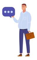 Smiling businessman holding a speech bubble and briefcase is communicating a message, promoting effective communication and business networking vector