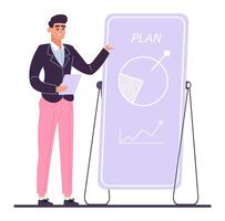 Businessman is presenting a plan using a whiteboard with a pie chart and a growth graph, holding a tablet in his hand and pointing at the board vector