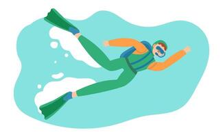 Diver wearing a diving suit, fins, goggles and an oxygen tank is swimming underwater, exploring the marine life and enjoying the beauty of the ocean vector