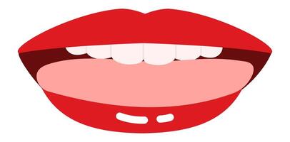 Cartoon illustration featuring red lips slightly parted, revealing a playful tongue and teeth, conveying a humorous emotion against a clean white background vector