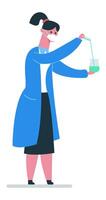 Female scientist wearing a protective mask and lab coat, pouring a vibrant green liquid into a beaker while conducting an intricate experiment in a modern laboratory setting vector