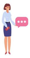Smiling businesswoman holding a pink speech bubble, sharing her thoughts and engaging in discussions about innovative business ideas and strategies in a professional setting vector