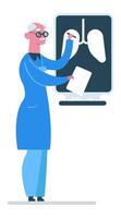 Doctor pointing at lung radiography with a pen while holding medical records, emphasizing healthcare and medical examination concepts in a clinical setting vector