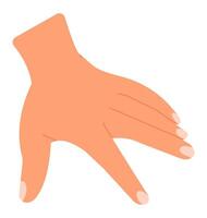 Open hand with spread fingers reaching down to pick up a small object, grabbing gesture, minimalist flat design illustration isolated on white background vector
