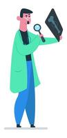 Medical practitioner wearing stethoscope and lab coat using magnifying glass to carefully analyze radiograph showing bone fracture, emphasizing medical diagnosis and healthcare vector
