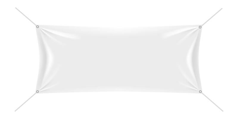 White rectangular vinyl banner hanging on ropes with eyelets, isolated on white background, ready for your advertisement or promotional text