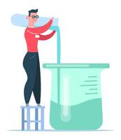 Laboratory technician pouring liquid into a beaker while balancing on a stool, engaged in a detailed scientific experiment or analysis within a bustling lab environment vector