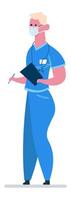 Doctor dressed in blue scrubs, wearing a stethoscope, face mask, and glasses, writing detailed notes on a clipboard while holding a pen, focused on patient care and documentation vector