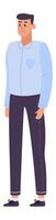 Full length portrait of a young man standing and smiling, wearing a light blue shirt and dark casual pants, representing modern and relaxed style vector
