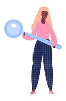 Full length portrait of a young black woman holding a giant magnifying glass, searching or investigating something, simple flat illustration isolated on white background vector