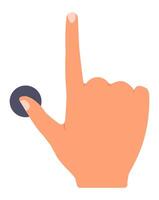 Cartoon hand utilizing the index finger to touch or click a round button, with the thumb positioned underneath, isolated against a clean white background vector