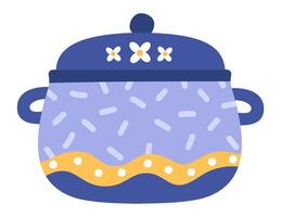 Crock Pot with lid and two handles, decorated with small white flowers on the lid, small white lines on the body, and a wavy yellow stripe at the bottom, isolated on white background vector