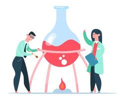 Two scientists performing a chemical experiment with fire and a round bottom flask containing a red liquid, the woman holding a clipboard and pointing up, the man lighting the bunsen burner vector