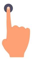 Cartoon hand with an extended index finger pressing a round button, representing interaction and selection on a clean, minimal background, emphasizing digital communication and activation vector
