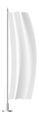 Realistic white feather flag waving gracefully on a sturdy metal pole against a clean white background, ideal for displaying unique designs or impactful messages in various settings
