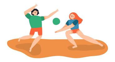 Two athletes in beach volley uniforms engaging in an exciting match on the sandy shore, with one jumping high to strike the ball while the other prepares to receive it vector