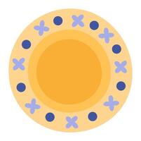 Round empty plate with floral decoration is ready for serving food, top view of a yellow plate with purple flowers and blue dots on white background vector