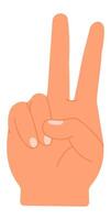 Cartoon hand displaying a victory or peace sign, with index and middle fingers raised, featuring an isolated illustration set against a clean white background vector