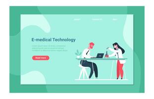 Medical researchers collaborating in a laboratory, developing innovative e medical technology while utilizing a laptop and conducting a complex chemical experiment for advancements in healthcare vector