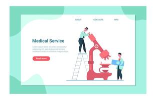 Medical service landing page featuring scientists working with microscopes, conducting laboratory research, and engaging in healthcare and pharmaceutical experiments vector