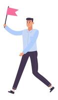 Young manager walking while holding a pink flag, symbolizing leadership, success, and motivation in a professional business environment vector