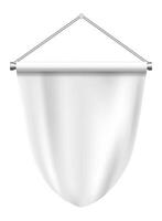 Realistic white pennant hanging on a metallic support with a white cylindrical bar, isolated on white background, ready for your design or logo vector