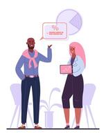 Two business colleagues discussing about financial charts and percentage growth, analyzing data and planning strategy for success in office environment vector