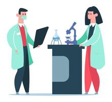 Two scientists wearing lab coats are conducting research using a microscope and a flask containing liquid, collaborating on scientific investigation vector