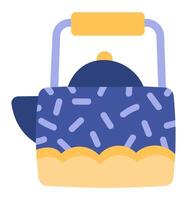 Stylish blue and yellow teapot featuring a handle and spout, pouring hot water and creating a cozy atmosphere, perfect for enjoying tea time and savoring warm beverages vector