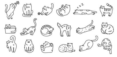 Doodle cats. Cute kitten, hand drawn linear cat characters in various poses sitting, sleeping, playing and jumping. Pet animal line art isolated illustration set vector
