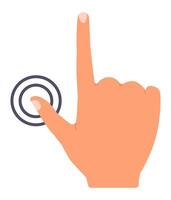 Cartoon hand using index finger touching or pointing blank digital touchscreen, activating futuristic interactive technology, virtual reality interface or modern user experience vector