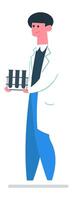 Smiling scientist wearing lab coat holding test tubes rack, conducting scientific experiment in laboratory, chemical research and analysis concept vector