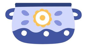 Blue pot with two handles, decorated with a central flower and light blue and white dots is standing on a white background, simple illustration vector
