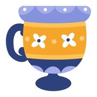 Charming decorated ceramic cup stands on a small base, featuring a handle and a delightful floral pattern, adding a touch of elegance to teatime or coffee breaks vector