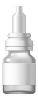 Small plastic medical bottle containing eye drops or nasal spray standing on a white background is depicted with blank label for adding text vector