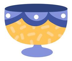 Contemporary and stylish, footed bowl design with a vibrant yellow body adorned with an abstract pattern and accented by blue rim and base, creating a visually appealing piece of tableware vector