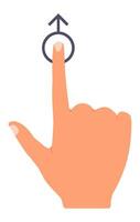 Hand with index finger extended touching a digital button with an upward arrow, symbolizing scrolling or selecting an option on a touch screen vector