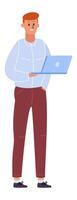 Office worker standing confidently with one hand in pocket and holding a laptop in the other, smiling broadly in a full length portrait against a clean white background vector