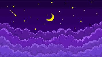 Pixel art starry night sky. Pixelated cloudy skyscape with 8 bit shiny twinkling stars, new moon and layered bitmap clouds, retro game style background illustration vector