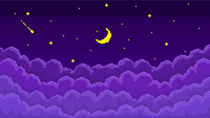 Pixel art starry night sky. Pixelated cloudy skyscape with 8 bit shiny twinkling stars, new moon and layered bitmap clouds, retro game style background illustration