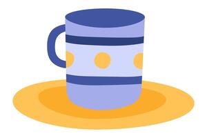 Purple mug adorned with yellow circles and stripes, resting on a matching yellow saucer, creating a simple yet stylish flat illustration set against a clean white background vector