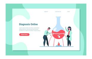 Two scientists performing online diagnosis working with large flask containing red liquid heated by bunsen burner, laboratory equipment and medical online service concept vector