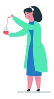 Female scientist wearing lab coat pouring red liquid into beaker during experiment in laboratory, conducting scientific research and analysis, chemical reaction, innovation and discovery vector